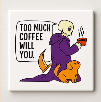 Too Much Coffee Will You Grappige Skelet Keramische Tegel 15x15cm – Humoristische Yoda Stijl Quote – Perfect Cadeau voor Koffieliefhebbers & Geek Decoratie