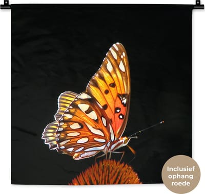Wandkleed - Wanddoek - Vlinder - Bloemen - Insect - Portret - Zwart - Oranje - 60x60 cm - Wandtapijt