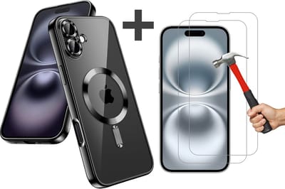 Hoesje met 2 Stuks Screenprotectors Geschikt voor iphone 16 Hoesje - Geschikt voor MagSafe - Arara siliconen Backcover - Zwart