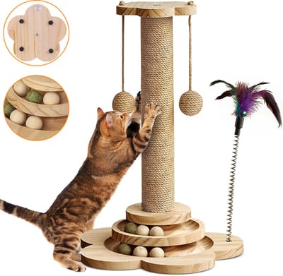 Krabpaal Voor Katten - Houten Krabpaal - Klein Kitten Krabpaal Speelplatform - Met Interactieve Baan En Veerspeelgoed