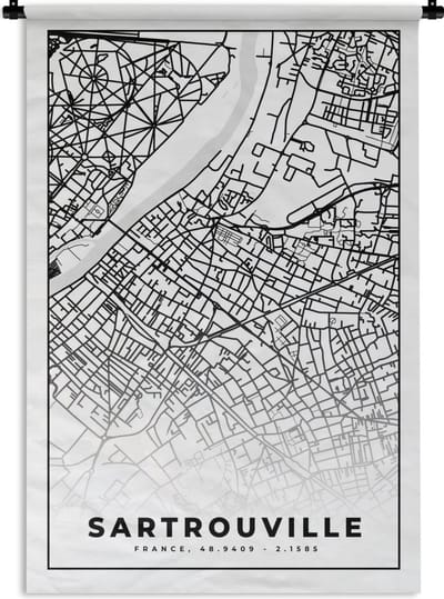 Wandkleed - Wanddoek - Stadskaart - Plattegrond - Sartrouville - Kaart - Frankrijk - Zwart wit - 120x180 cm - Wandtapijt
