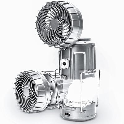 Zonne camping ventilatorlamp met ventilator, lamp en telefoonlader, draagbaar oplaadbaar noodvermogen voor orkanen, noodsituaties, stroomuitval en kampeeruitrusting, zilver