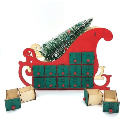 Kerst Slee Boom Houten Adventskalender Aftellen 24 Lades met LED Licht Kerstfeest Decor red