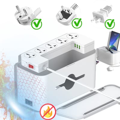 Stekkerdoos - TENZHVXI® - Met overspanningsbeveiliging - Verlengsnoer - 5 stopcontacten, 3 USB-poorten - 2 meter kabel - Nominaal vermogen 2500 W - 298*146*146 mm - Wit