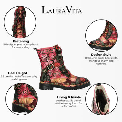 Laura Vita Incaso 36 Rode Bloemen Dames Gothic Victoriaanse Leren Enkelhoge Laarzen