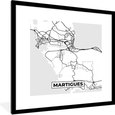 Fotolijst incl. Poster Zwart Wit- Stadskaart – Martigues - Plattegrond – Kaart – Frankrijk - Zwart wit - 40x40 cm - Posterlijst