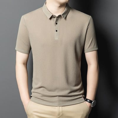 T-shirt à manches courtes d'été pour homme POLO T-shirt Soie glacée Business Décontracté Revers Manches courtes Séchage rapide Couleur unie T-shirt pour homme 4XL beige