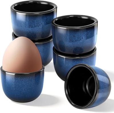 6 stuks eierdopjes porselein, eierstandaard, eierdopjes keramiek met blauw verloop voor ontbijt, brunch, diner, Pasen (kattenoogblauw)