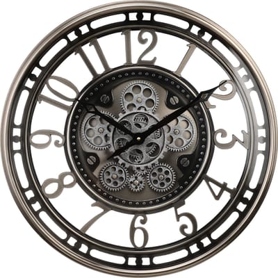 Fresco Wandklok Ø 53,5 cm – Zilver/Gunmetal – Bewegende Tandwielen – Industrieel & Stil Uurwerk
