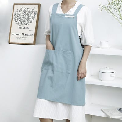 Tabliers japonais et coréens en coton et lin pour la maison, la cuisine, le nettoyage, la couverture, le magasin de fleurs, la peinture, le tablier croisé sans bretelles vintage OneSize bleu clair
