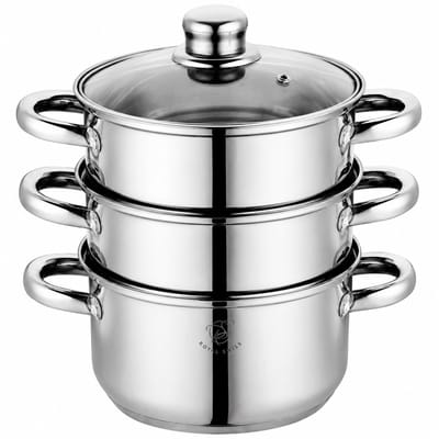 Royal Swiss® Stoompan 28 cm – 3-delige RVS Stoomset – Stoomkoker met Glazen Deksel – Geschikt voor Inductie, Gas & Elektrisch – Gezond Stomen – Vaatwasserbestendig