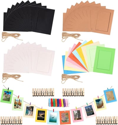 84 Stuks 13.5 x 10 cm Gemengde Kleur Papieren Fotolijsten met Houten Klem en Jute Touw voor Wanddecoratie en Creatieve Knutselprojecten