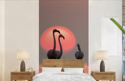 Behang - Fotobehang Vogel - Flamingo - Zonsondergang - Roze - Breedte 120 cm x hoogte 240 cm