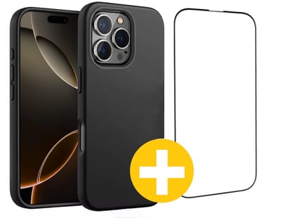 Hoesje en Screenprotector Combi Geschikt Voor iPhone 16 Pro Max - Zwart Hoesje + Premium Screenprotector