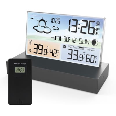 Weerstation Draadloos Binnen Buiten met Sensoren Transparant Glas Kleurendisplay Digitaal zwart