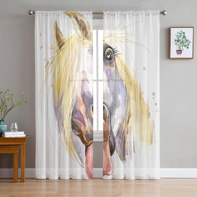Zwart Wit Paard Aquarel Schilderij Tule Transparante Gordijnen voor Woonkamer Keuken Kinderen Slaapkamer Voile Hangend Gordijn 1 PCS W100XH250cm&Grommet Top white