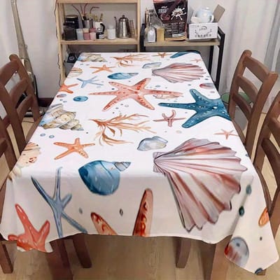 Nappe imprimée Étoile de mer Coquillage Océan Décoration Fête de Fête Vie Marine d'Été Nappes pour Table de Cuisine Salle à Manger Décorations de Maison 145x200cm
