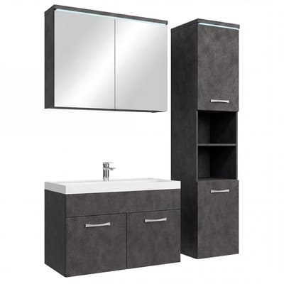 Badplaats Badkamermeubel Set Paso 80 x 40 cm – Donker Grijs – Badmeubel met Spiegelkast en Zijkast