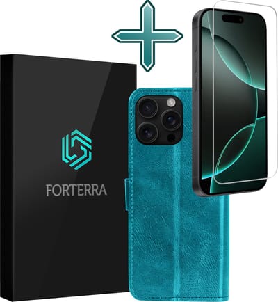 Hoesje Met Screenprotector - Geschikt voor Apple iPhone 16 Pro - Luxe Pasjeshouder - Flipcase - Bookcase Portemonee - Flip Case - Kunstleer Book Case - Book Cover - Walletcase - Portemonneehoes - Turquoise