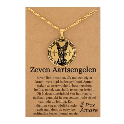 Aartsengelen met Kruis Ketting op Cadeau Kaartje - Goudkleurig - Engelen Talisman / Medalion - Beschermengel - Engelen Hanger - 60cm
