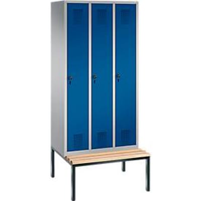 Kapstok Evolo S 3000, staal, met aangebouwde zitbank, 3 compartimenten allebei met B 300 mm, veiligheidsdraaigrendelslot, blank aluminium RAL 9006/gentiaanblauw RAL 5010