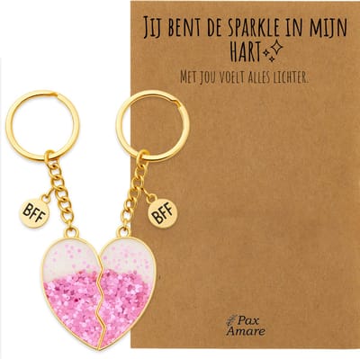 BFF Sleutelhanger voor 2 'Jij bent de sparkle in mijn hart' - Roze Glitter Hartje - Sleutelhanger set op Cadeau Kaartje - Goudkleurig - Vriendschap Symbool - Pax Amare