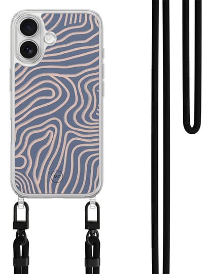 Hoesje met koord geschikt voor iPhone 16 - Flowing lines - Inclusief zwart koord - Crossbody beschermhoes - Transparant, Paars - Mooie Telefoonhoesjes
