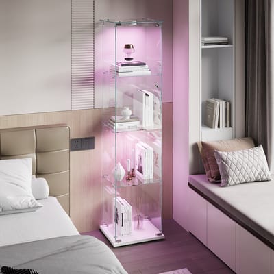 Glazen vitrinekast, 4 lagen, verzamelvitrinekast, met aanraakbediening voor licht en slot, staande glazen kast, woonkamer, slaapkamer, wit