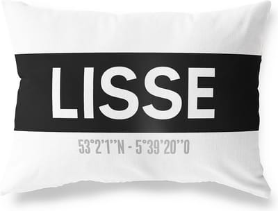 Tuinkussen LISSE - ZUID-HOLLAND met coördinaten - Buitenkussen - Bootkussen - Weerbestendig - Jouw Plaats - Studio216 - Modern - Zwart-Wit - 50x30cm