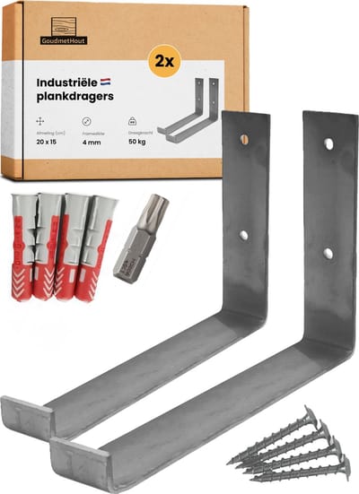 GoudmetHout® Industriële Plankdragers L-vorm UP - 20 cm - Stalen Plankdrager voor Wandschap, Muurrek of Wandconsole - Max 100 kg - 2 Stuks - Zonder Coating