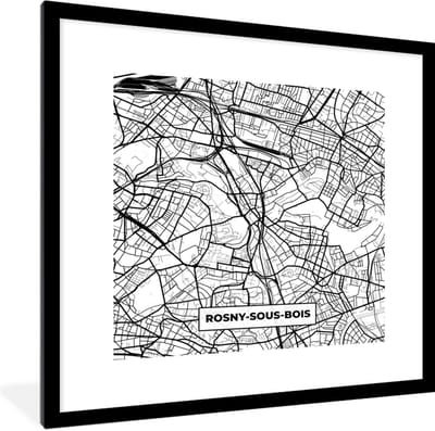 Fotolijst incl. Poster Zwart Wit- Plattegrond - Rosny-sous-Bois - Kaart - Frankrijk - Stadskaart - Zwart wit - 40x40 cm - Posterlijst