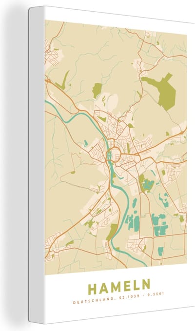 Canvas Schilderij Vintage - Kaart - Hameln - Plattegrond - Stadskaart - 20x30 cm - Wanddecoratie