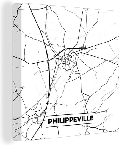 Canvas Schilderij België – Philippeville – Stadskaart – Kaart – Zwart Wit – Plattegrond - 20x20 cm - Wanddecoratie