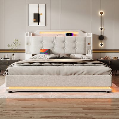 Gestoffeerd bed - 140x200 cm - met LED-verlichting - opbergruimte - zonder matras - met USB TYPE-C - linnen - beige