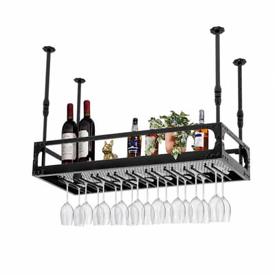 CYRO - Wijnrek Hangend - Wijnrek Zwart - Hangend Wijnrek - Boven de Bar - Wijnrek Plafond - Industrieel - 50kg Belasting - Zwart