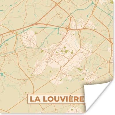 Poster Vintage - Retro - Kaart - Plattegrond - Stadskaart - La Louvière - 100x100 cm XXL