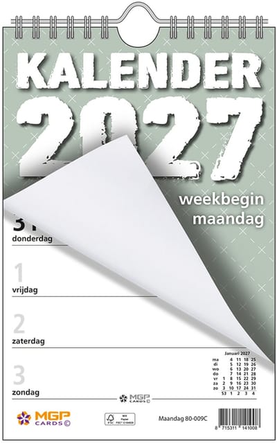 MGPcards - Weekblok met Wire-O binding 2027 - Week begint op maandag - 13,5 x 20,5 cm - Groen