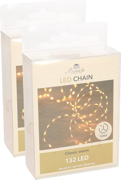 Anna's Collection Draadverlichting - 2x - koper - 132 led lampjes - klassiek warm wit - batterij - timer - lichtsnoer - Koperdraad sfeerverlichting