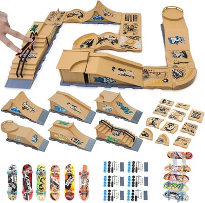 Mini skateboard ramp - Vinger skate set - Vaardigheden trainen - 6-in-1 Scène Set - 28.5 cm pakket - Geel