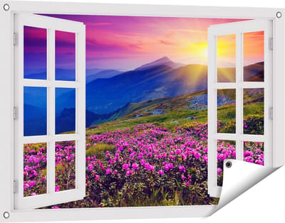 Gards Tuinposter Doorkijk Roze Rhododendron Bloemenveld - Bergen - 90x60 cm - Tuindoek - Tuindecoratie - Wanddecoratie buiten - Tuinschilderij