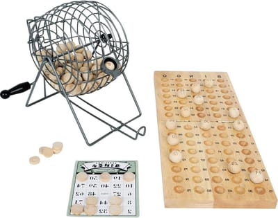 Bingospel met trommel - Cijferspel - Familie spel - Metalen mengmachine - 32 x 24 x 24 cm - Naturel