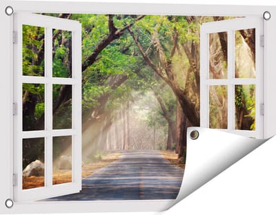 Gards Tuinposter Doorkijk Weg Omringd met Bomen - 60x40 cm - Tuindoek - Tuindecoratie - Wanddecoratie buiten - Tuinschilderij