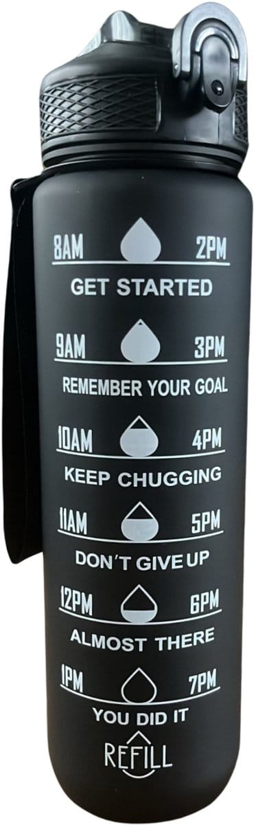 Velours Max® - Drinkfles - Motivatie Waterfles - Zwart - Drinkflessen - Drinkfles 1 Liter - Drinkfles met Rietje - BPA Vrij - Volwassenen - Drinkfles Kinderen - 1 Liter Drinkfles - Kinderen - Sport - Water - Waterfles
