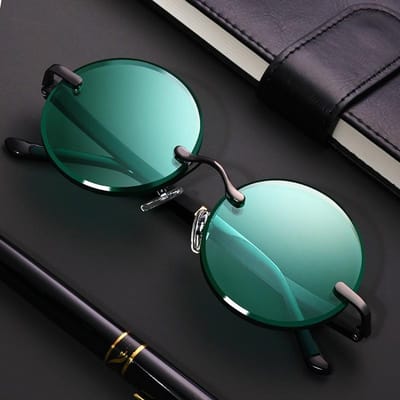 Retro Donkergroene Kristallen Zonnebril Trendy Heren Kleine Montuur Ronde Glazen Zomer Rijden UV400 1PC