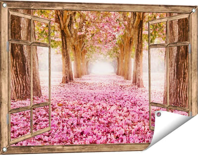 Gards Tuinposter Doorkijk Romantische Bomen Tunnel met Roze Anjers - 90x60 cm - Tuindoek - Tuindecoratie - Wanddecoratie buiten - Tuinschilderij