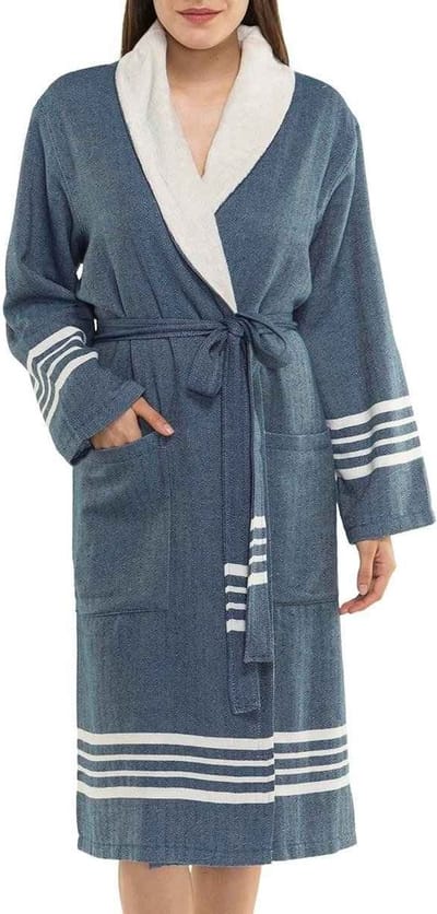 Gevoerde Hamam Badjas Nijl Navy - Unisex Maat XS - Hotelkwaliteit - Sjaalkraag - Unisex/Dames/Heren - Hamam Badjas - Luxe Badjas - Badstof - Sauna Badjas - Duster - Ochtendjas - Badmantel