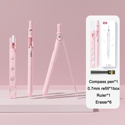 Roze Passer Met Liniaal, Gum en Potlood Navulling – Voor Wiskunde, School, Studie, Werk, Kantoor & Hobby – Cirkels maken – Complete Set – Inclusief Accessoires – School en Werk