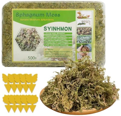 SnelShoppen - Sphagnum Mos Planten 500 g - Natuurlijk Luchtgedroogd Mos voor Orchideeën - Verhoogt Vochtigheid - Inclusief 10 Gele Stickers Tegen Fung