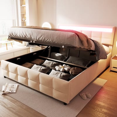 MEUNIQ gestoffeerd bed 180x200 cm met LED-verlichting, lattenbodem en hydraulische opbergruimte, beige tweepersoons bed voor slaapkamer