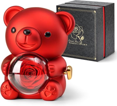 Rozen beer - Bloemen beer - Romantisch cadeau - Met ketting - 16 cm hoog - Roze
